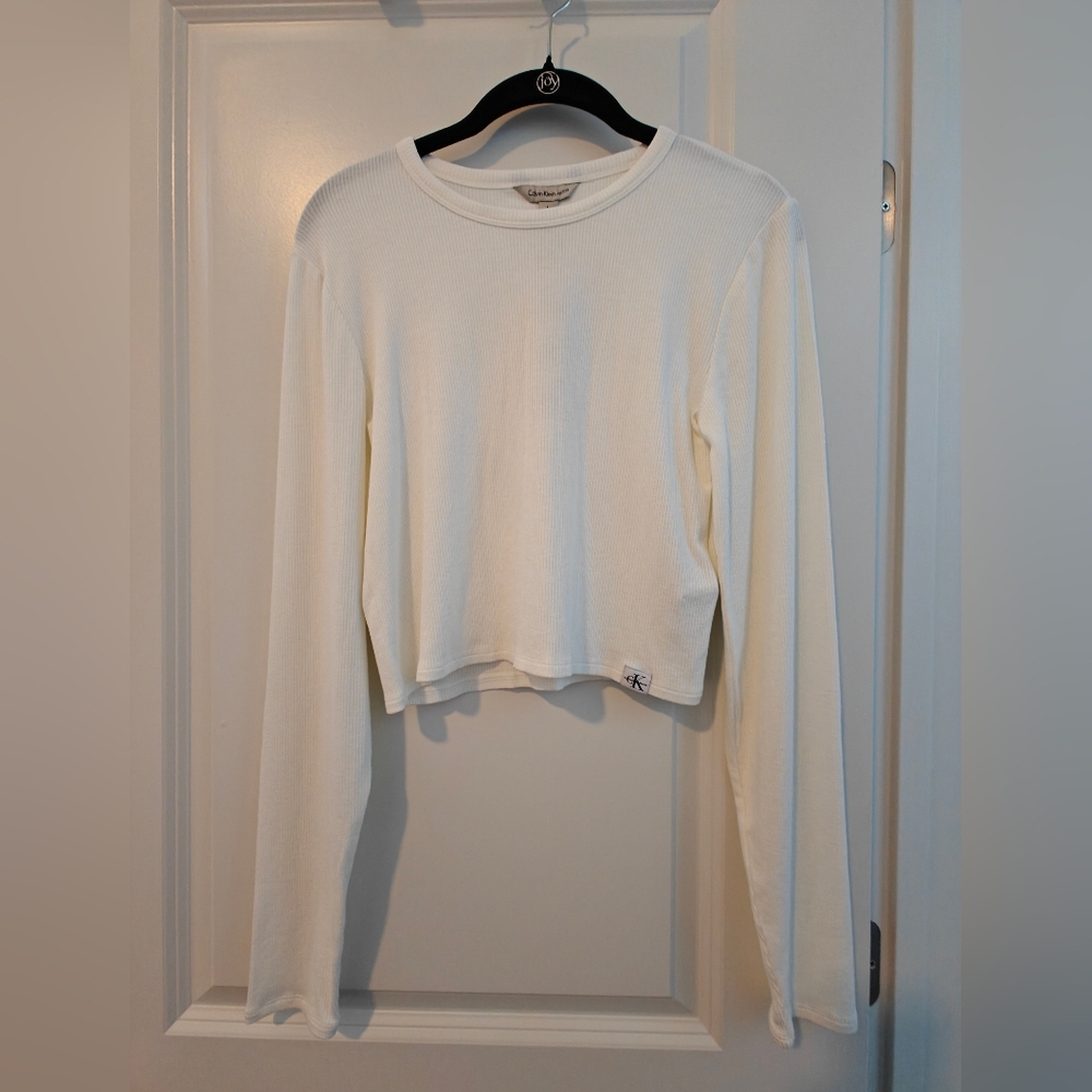 Calvin Klein Jeans White Long Sleeve Ribbed Slim Top Size L